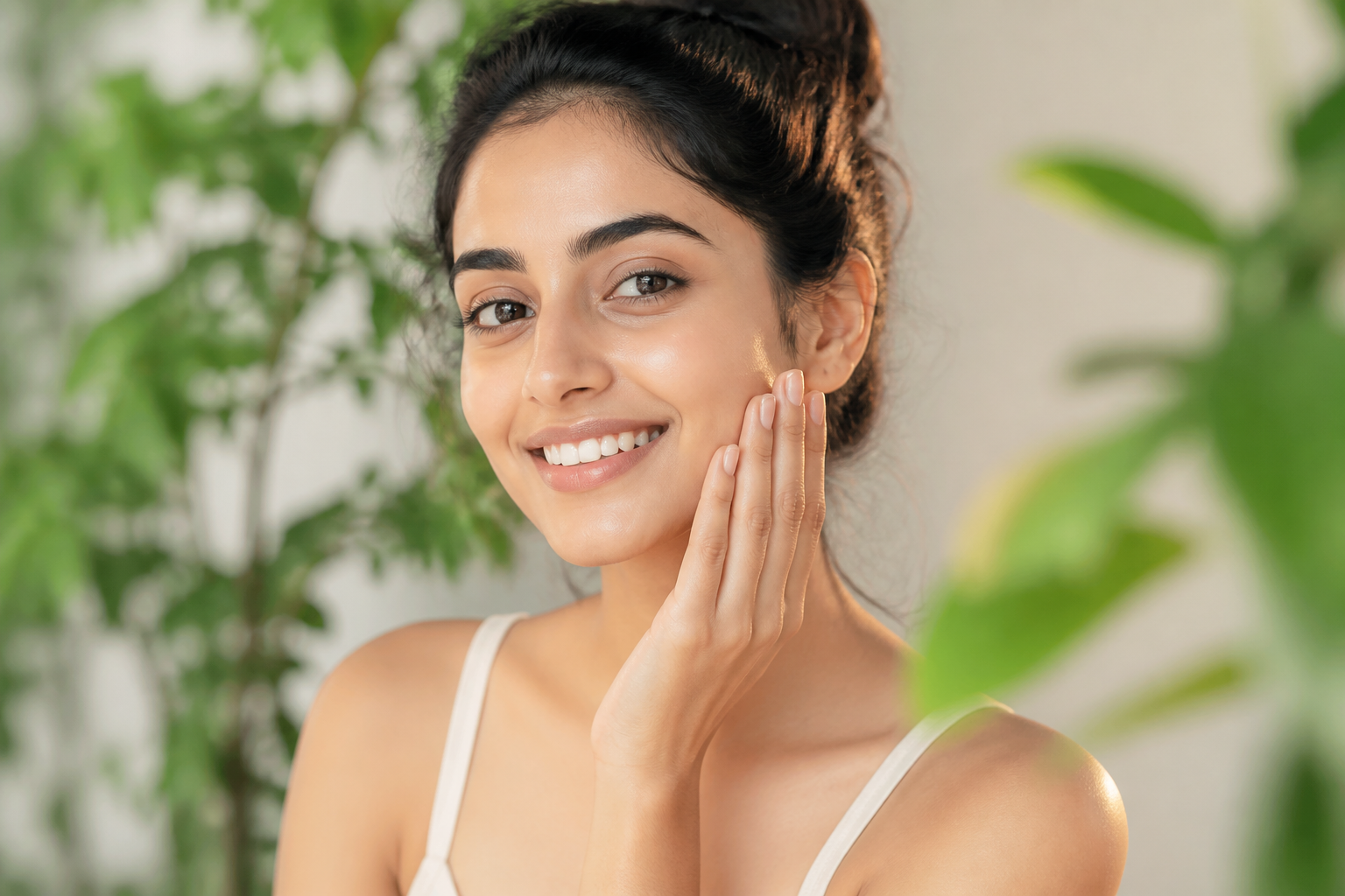 Woman with glowing skin using Ippeo products